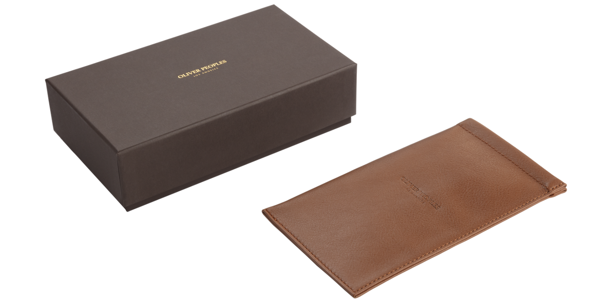 Oliver Peoples large cognac leather glasses pouch with presentation box