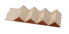 Wooden jewelry display with geometric design on a white background