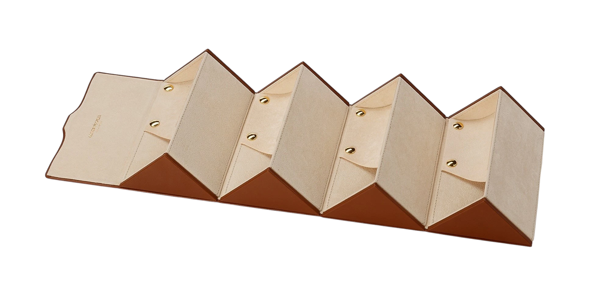 Wooden jewelry display with geometric design on a white background