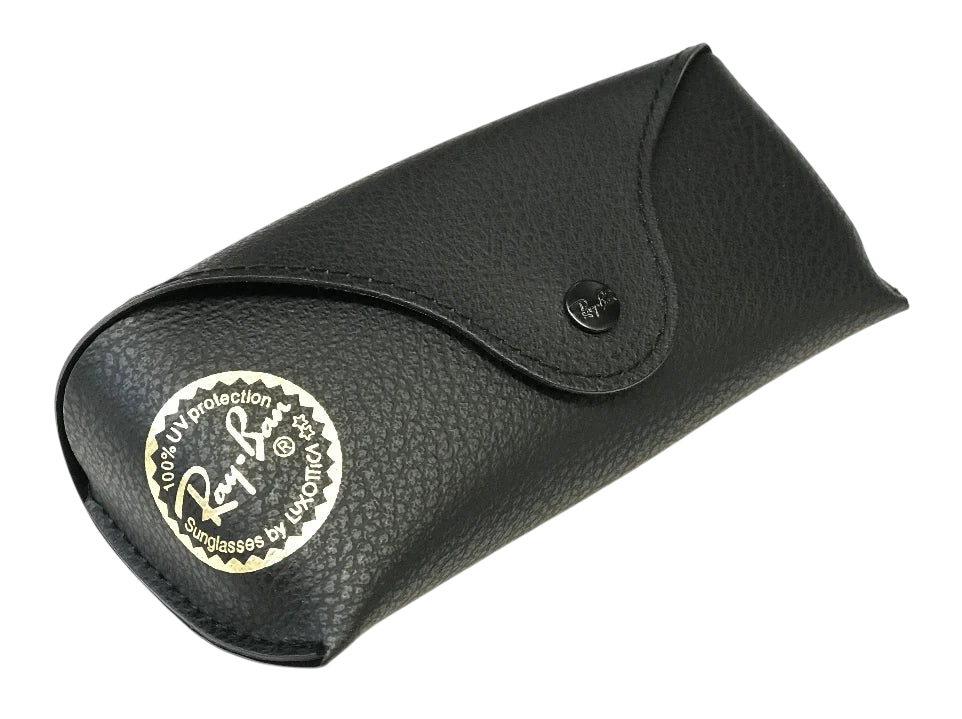 Sunglasses UK official black leather-textured Ray-Ban sunglasses case with snap button closure and gold logo seal.
