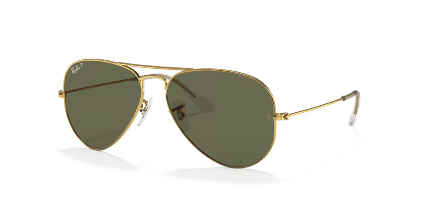 A pair of Ray-Ban sunglasses with green lenses and a gold frame, known for their aviator style.
