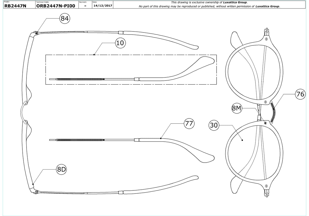 Exploded technical drawing of the Ray-Ban Round RB2447N Replacement Parts, with each replacement part numbered