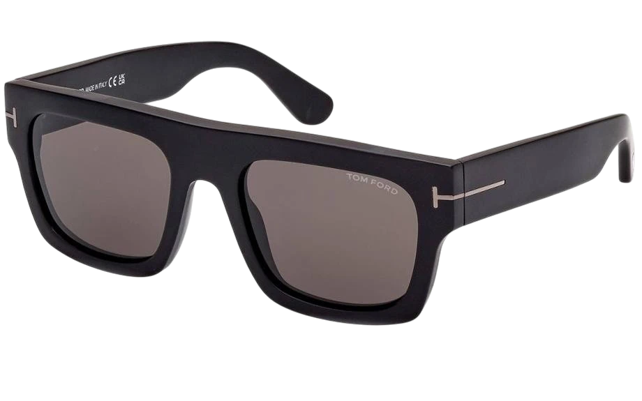 Black sunglasses with a brand logo on a white background