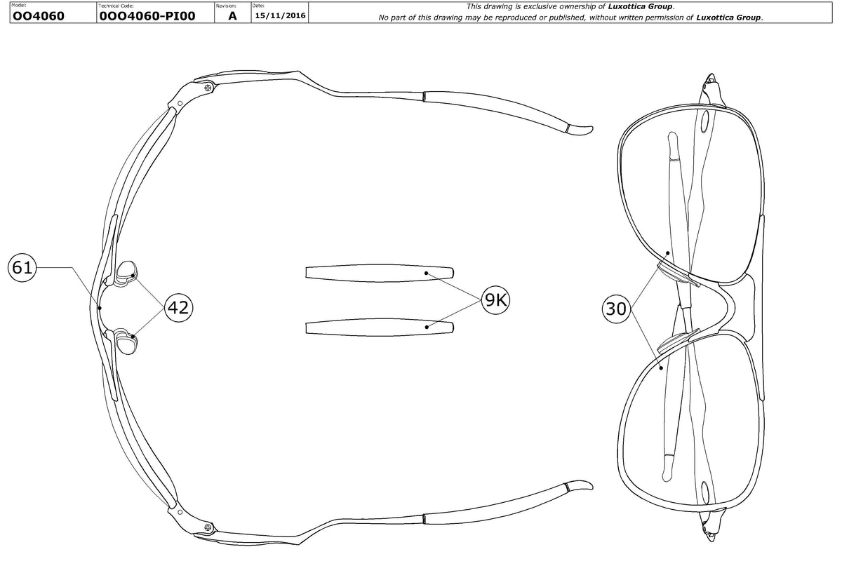 Exploded technical drawing of the Oakley Crosshair Replacement Parts, with each replacement part numbered