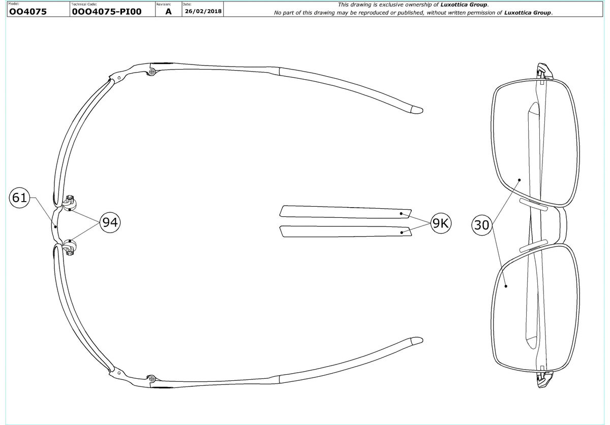 Exploded technical drawing of the Oakley Square Wire Replacement Parts, with each replacement part numbered