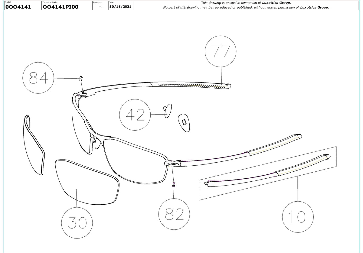 Exploded technical drawing of the Oakley Whisker Replacement Parts, with each replacement part numbered