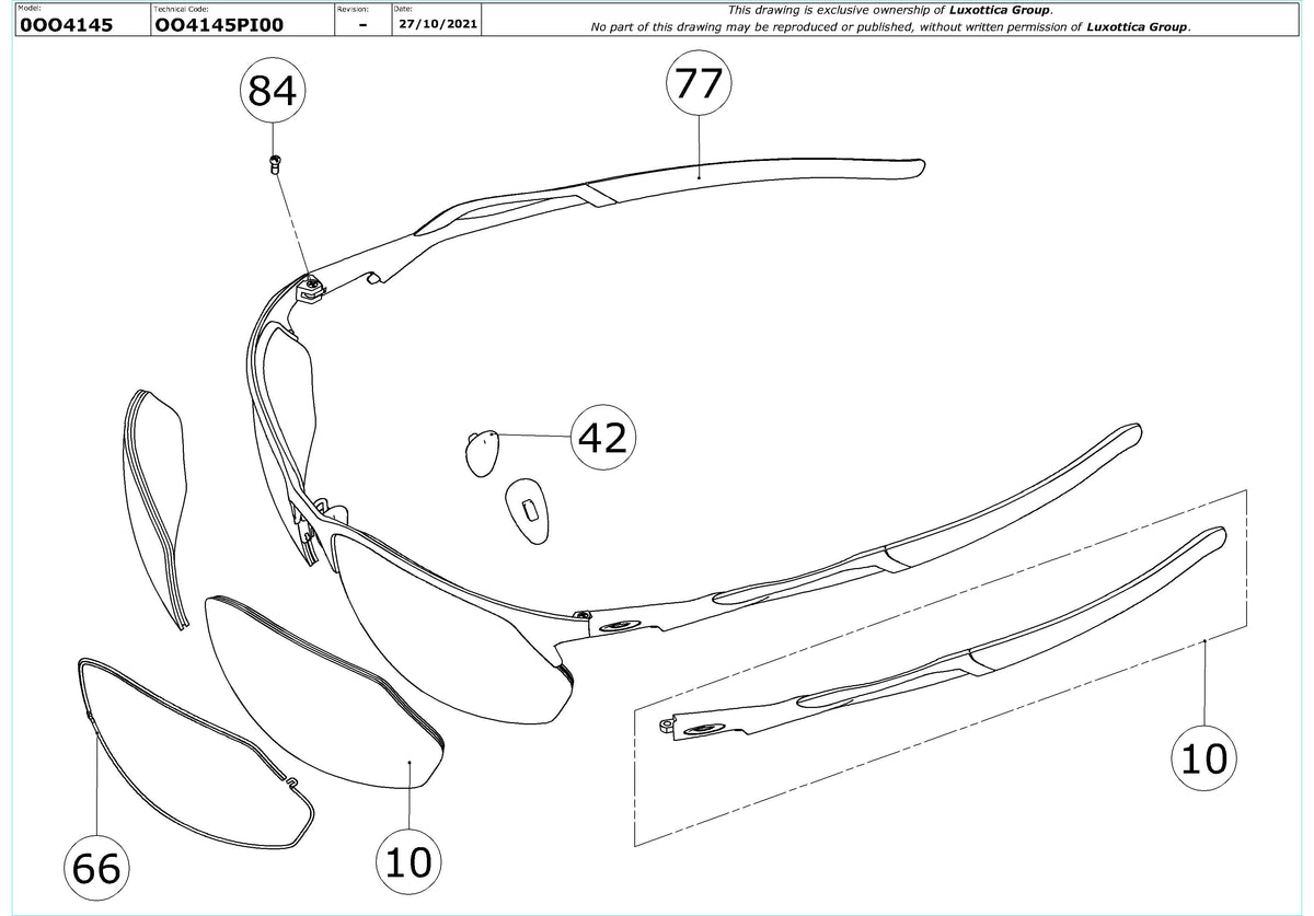 Exploded technical drawing of the Oakley Wire Tap 2.0 Replacement Parts, with each replacement part numbered