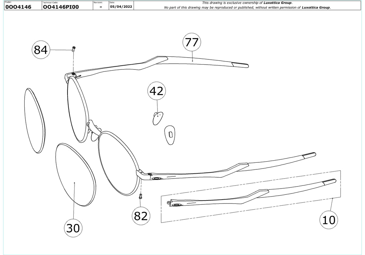 Exploded technical drawing of the Oakley Terrigal Replacement Parts, with each replacement part numbered