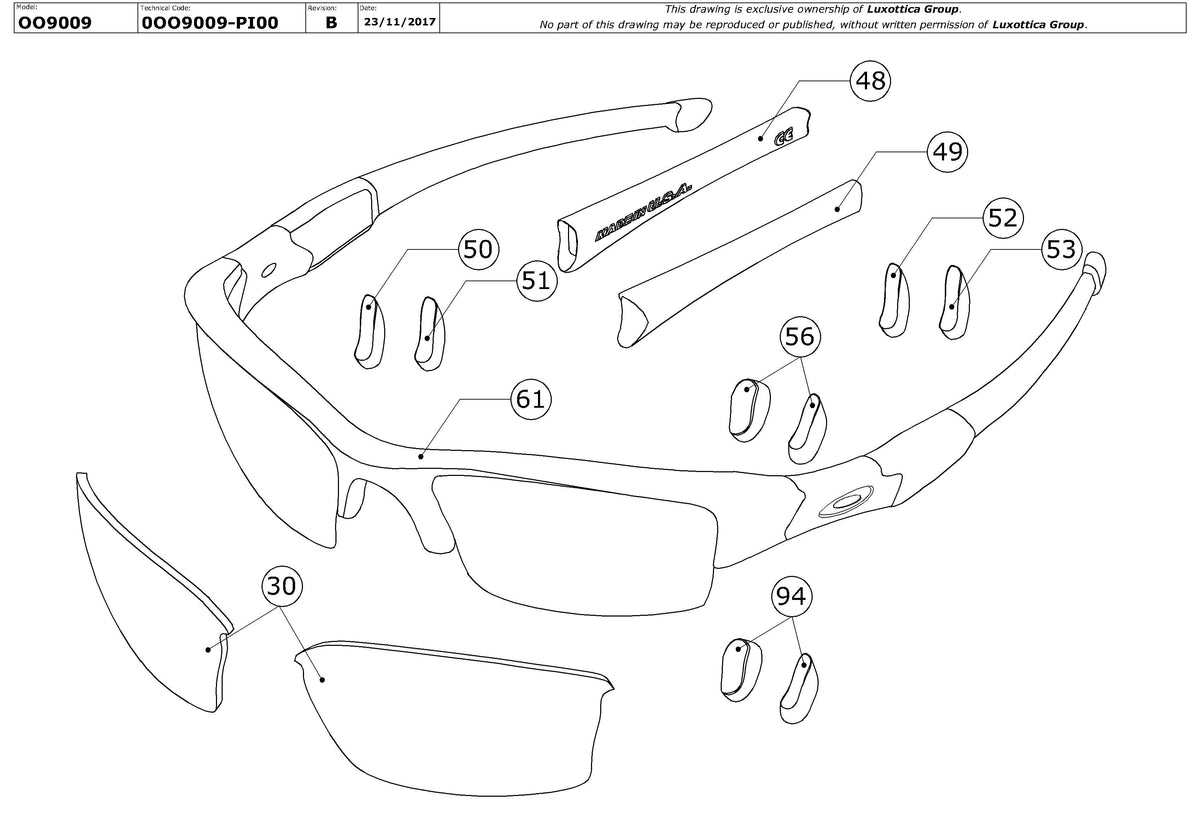 Exploded technical drawing of the Oakley Flak Jacket XLJ Replacement Parts, with each replacement part numbered
