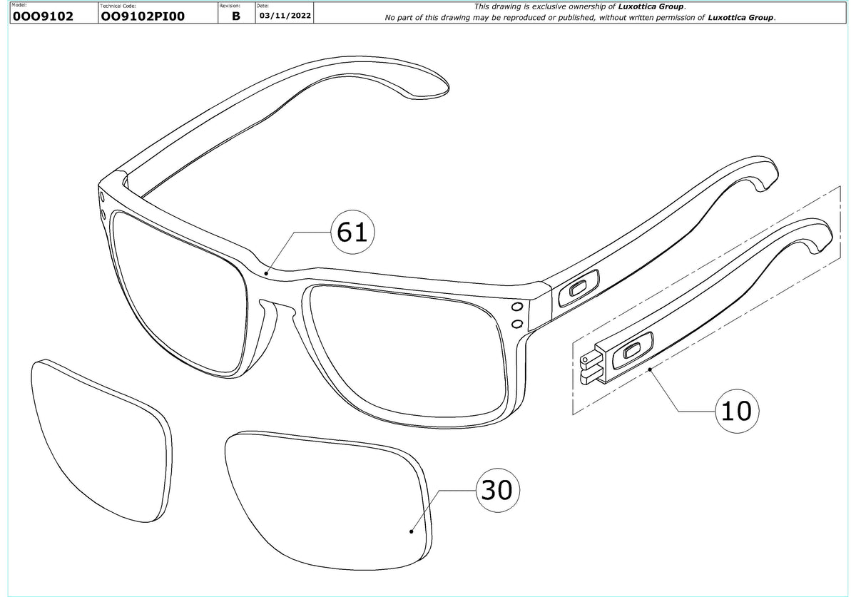 Exploded technical drawing of the Oakley Holbrook Replacement Parts, with each replacement part numbered