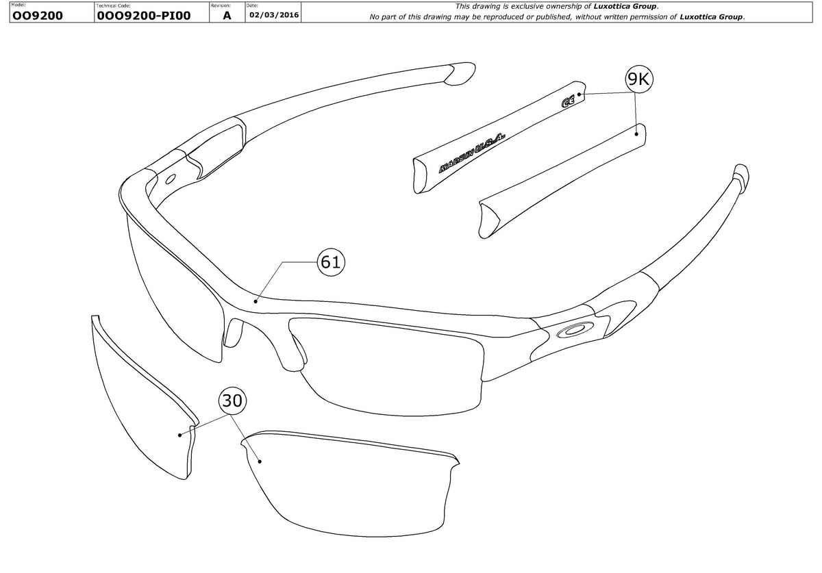 Exploded technical drawing of the Oakley Quarter Jacket Replacement Parts, with each replacement part numbered