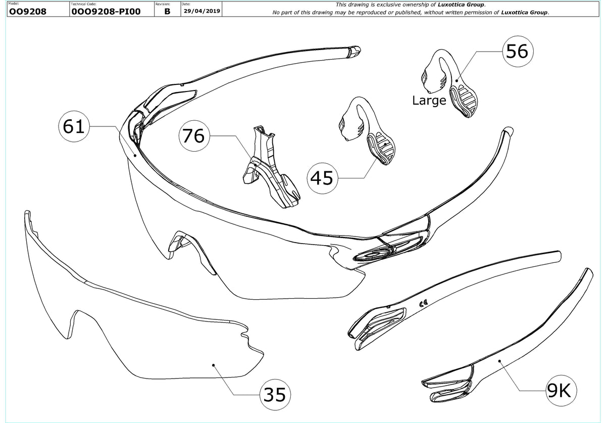 Enlarged technical drawing of the Oakley Radar EV Path Replacement Parts