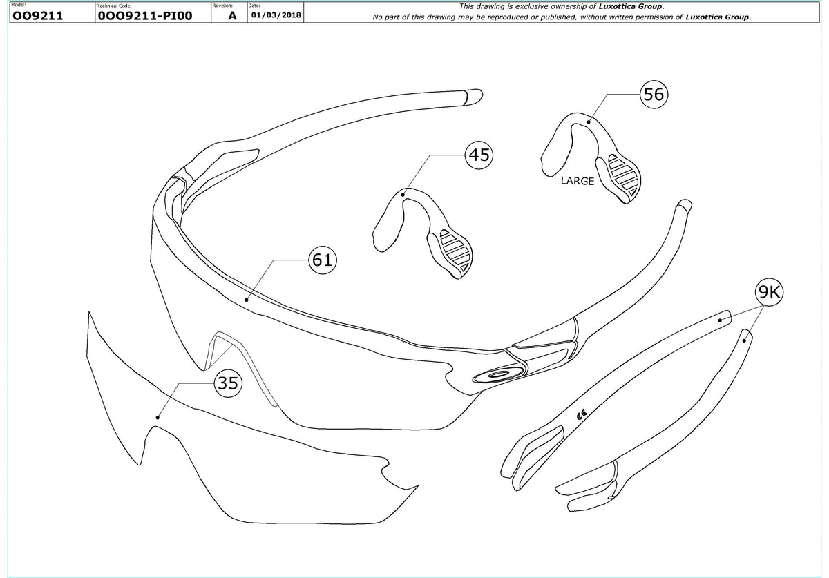 Exploded technical drawing of the Oakley Radar EV Pitch Replacement Parts, with each replacement part numbered
