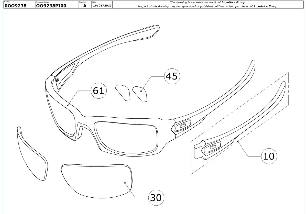 Enlarged technical drawing of the Oakley Fives Squared Replacement Parts