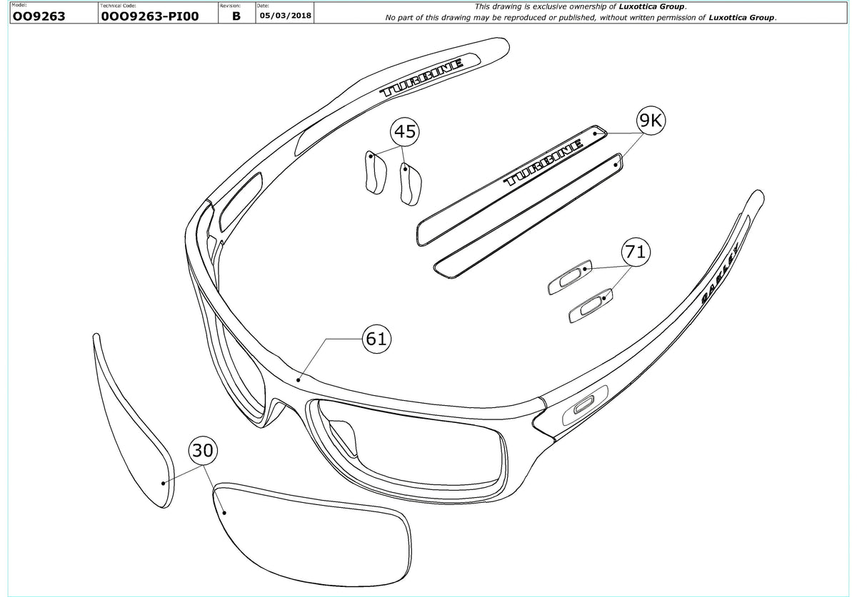 Exploded technical drawing of the Oakley Turbine Replacement Parts, with each replacement part numbered