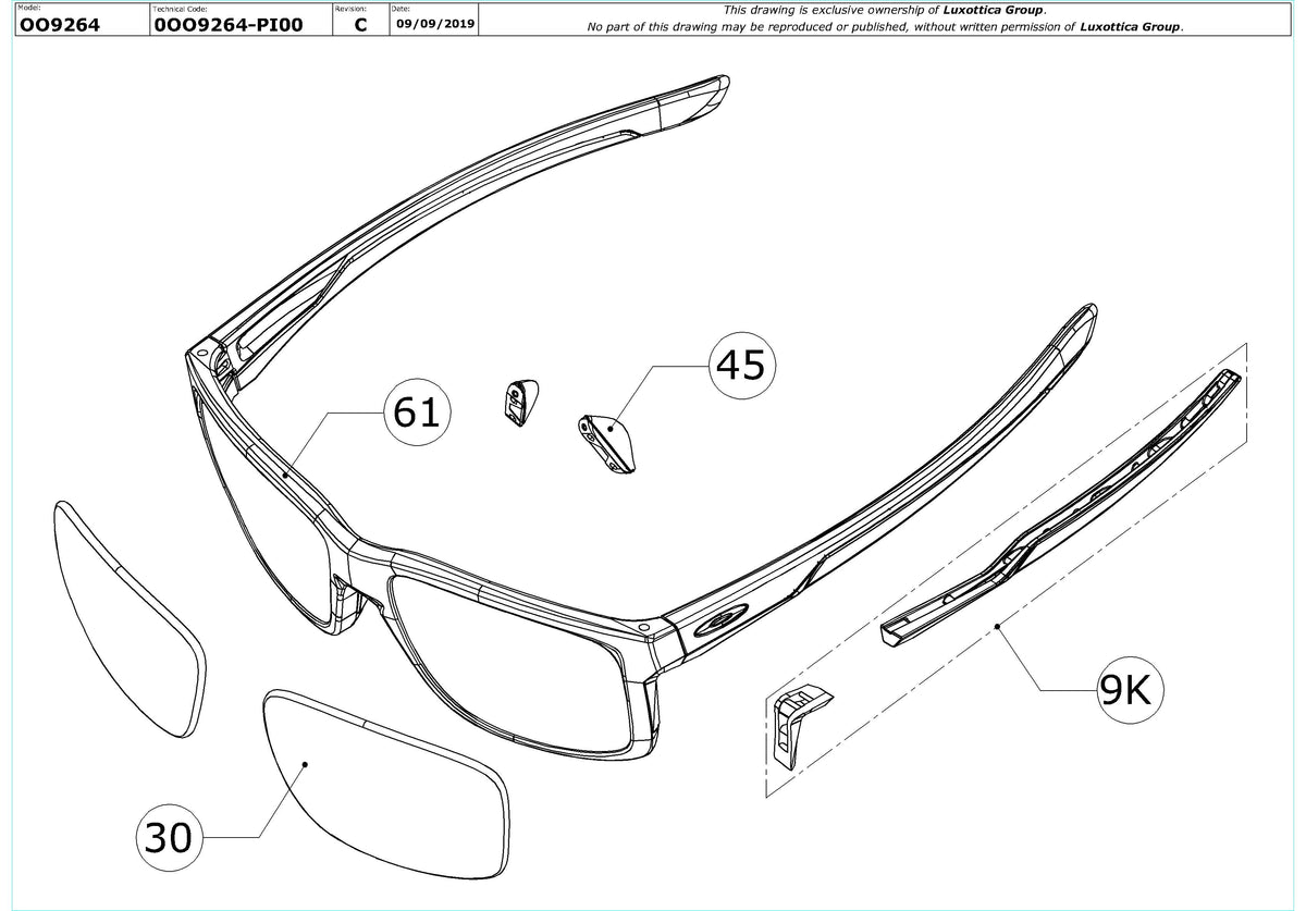 Exploded technical drawing of the Oakley Mainlink Replacement Parts, with each replacement part numbered