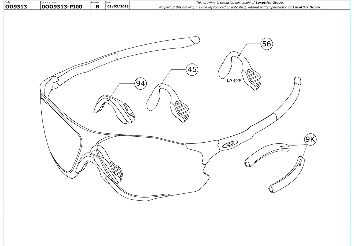 Exploded technical drawing of the Oakley Evzero Path Replacement Parts, with each replacement part numbered