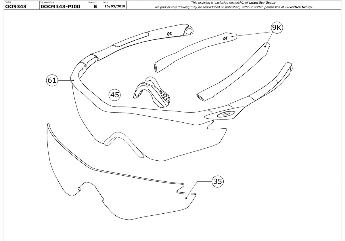 Exploded technical drawing of the Oakley M2 Frame XL Replacement Parts, with each replacement part numbered