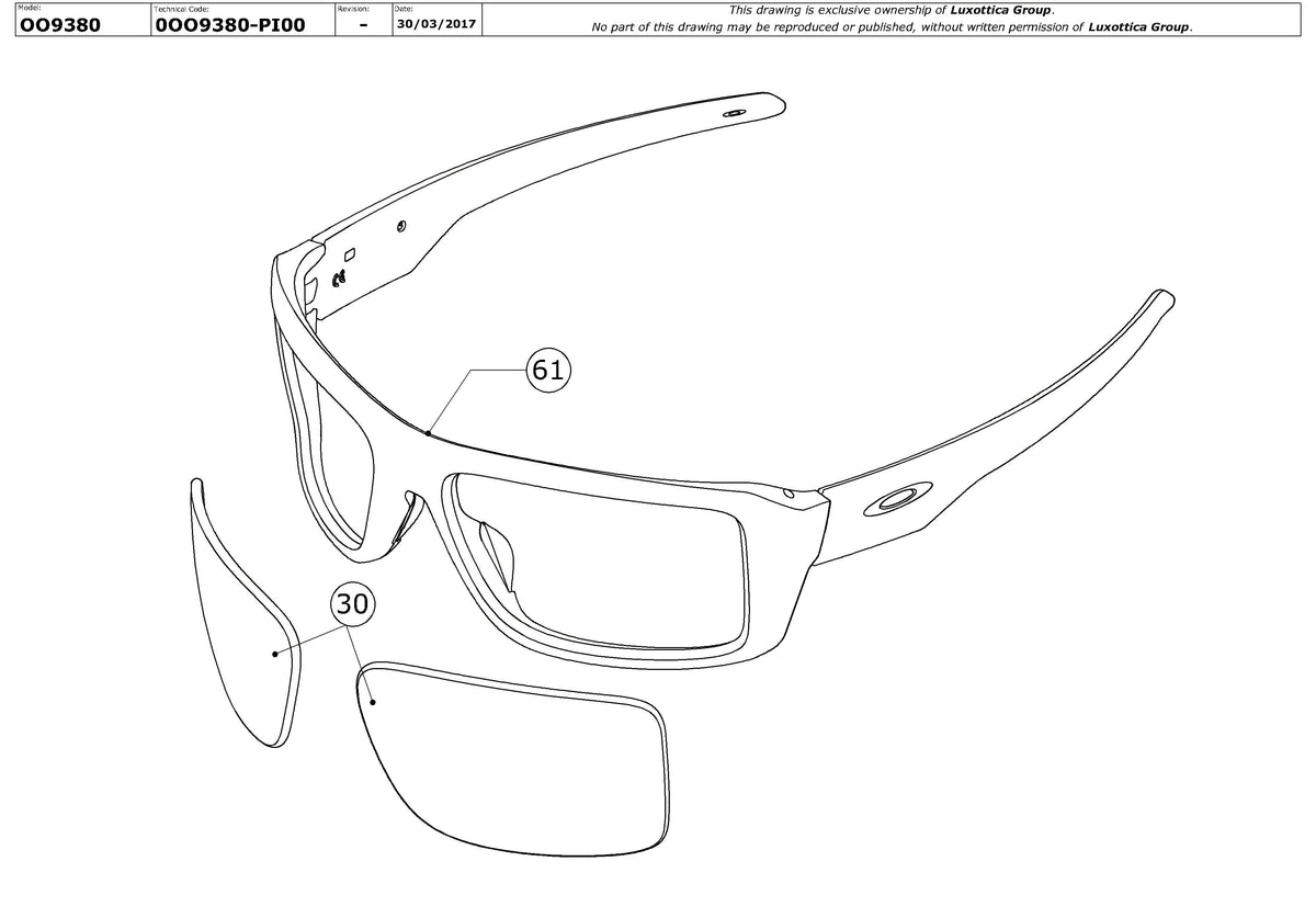 Exploded technical drawing of the Oakley Double Edge Replacement Parts, with each replacement part numbered