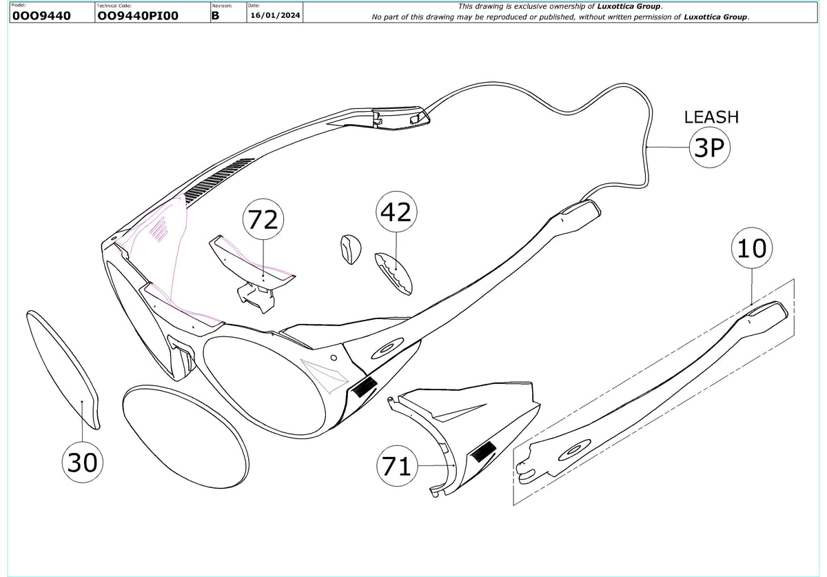 Exploded technical drawing of the Oakley Clifden Replacement Parts, with each replacement part numbered