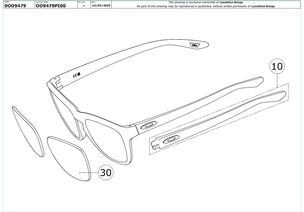 Enlarged technical drawing of the Oakley Manorburn Replacement Parts