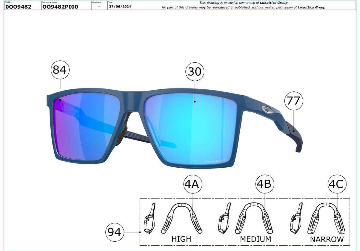 Exploded technical drawing of the Oakley Futurity Sun Replacement Parts, with each replacement part numbered