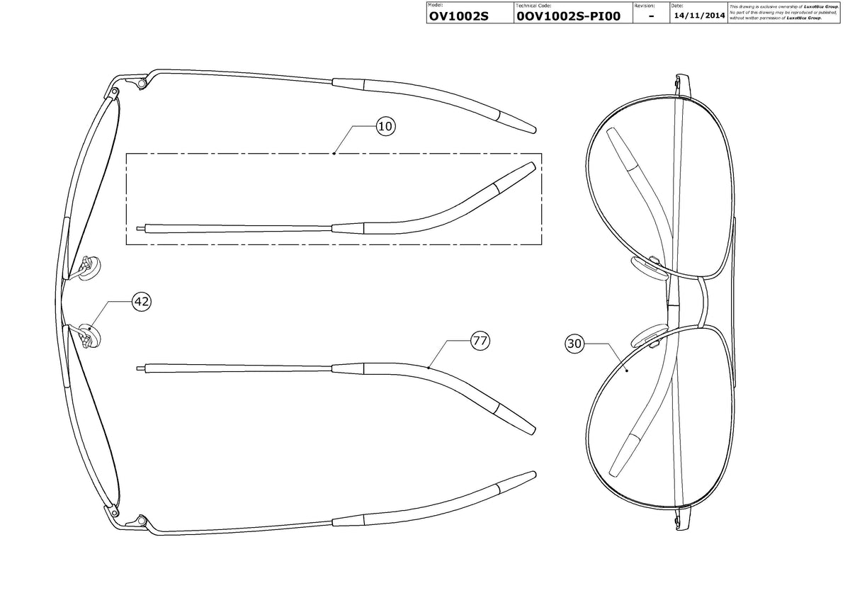 Exploded technical drawing of the Oliver Peoples Benedict OV1002S Replacement Parts, with each replacement part numbered