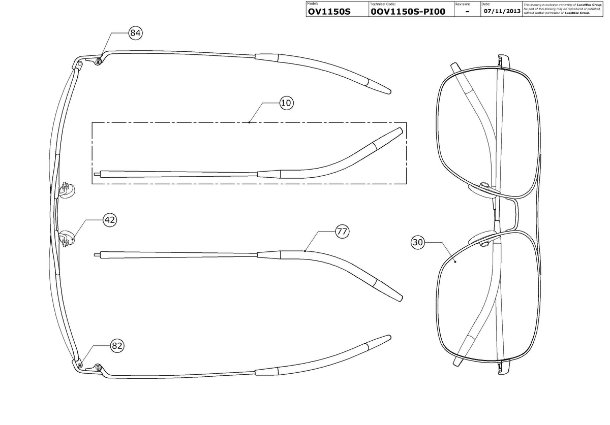 Exploded technical drawing of the Oliver Peoples Clifton OV1150S Replacement Parts, with each replacement part numbered