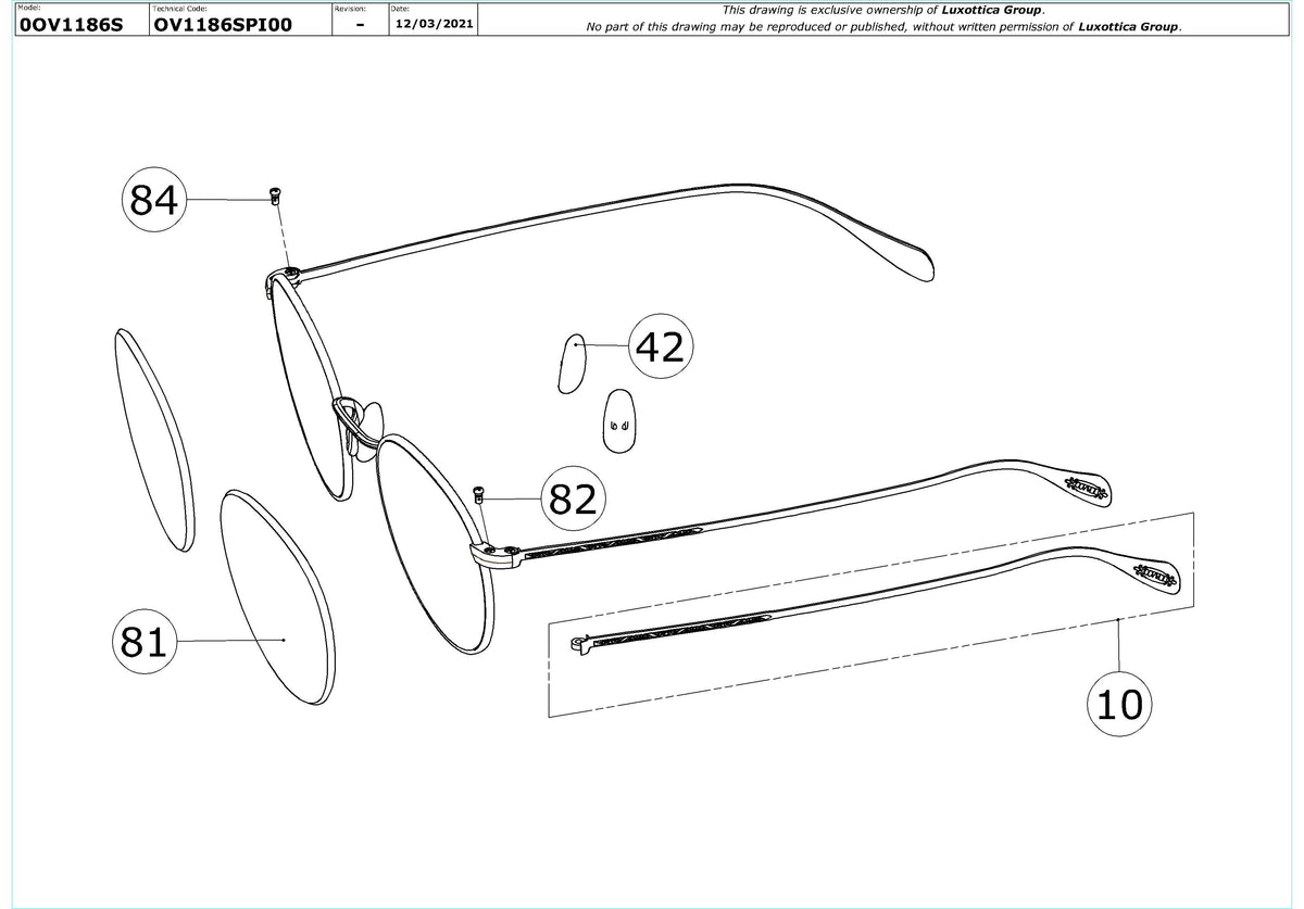 Exploded technical drawing of the Oliver Peoples Coleridge Sun OV1186S Replacement Parts, with each replacement part numbered