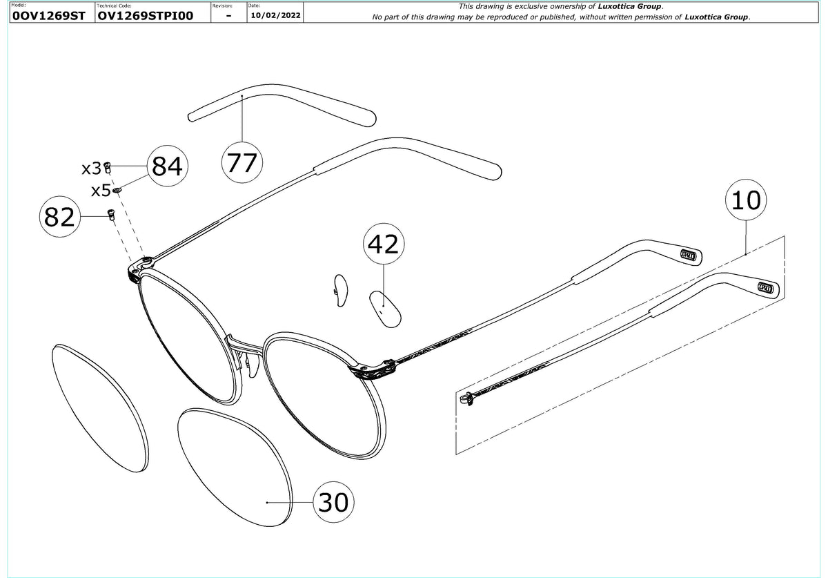 Enlarged technical drawing of the Oliver Peoples Casson OV1269ST Replacement Parts