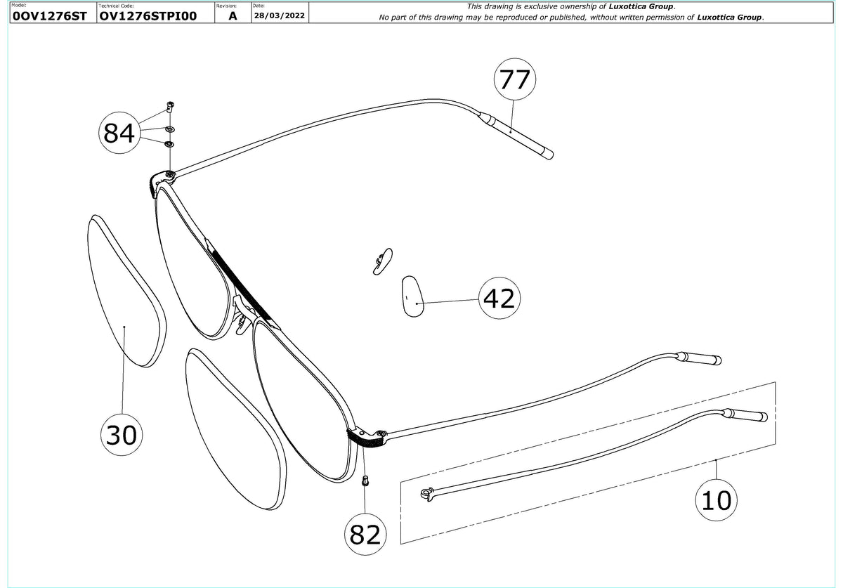 Enlarged technical drawing of the Oliver Peoples TK-3 OV1276ST Replacement Parts