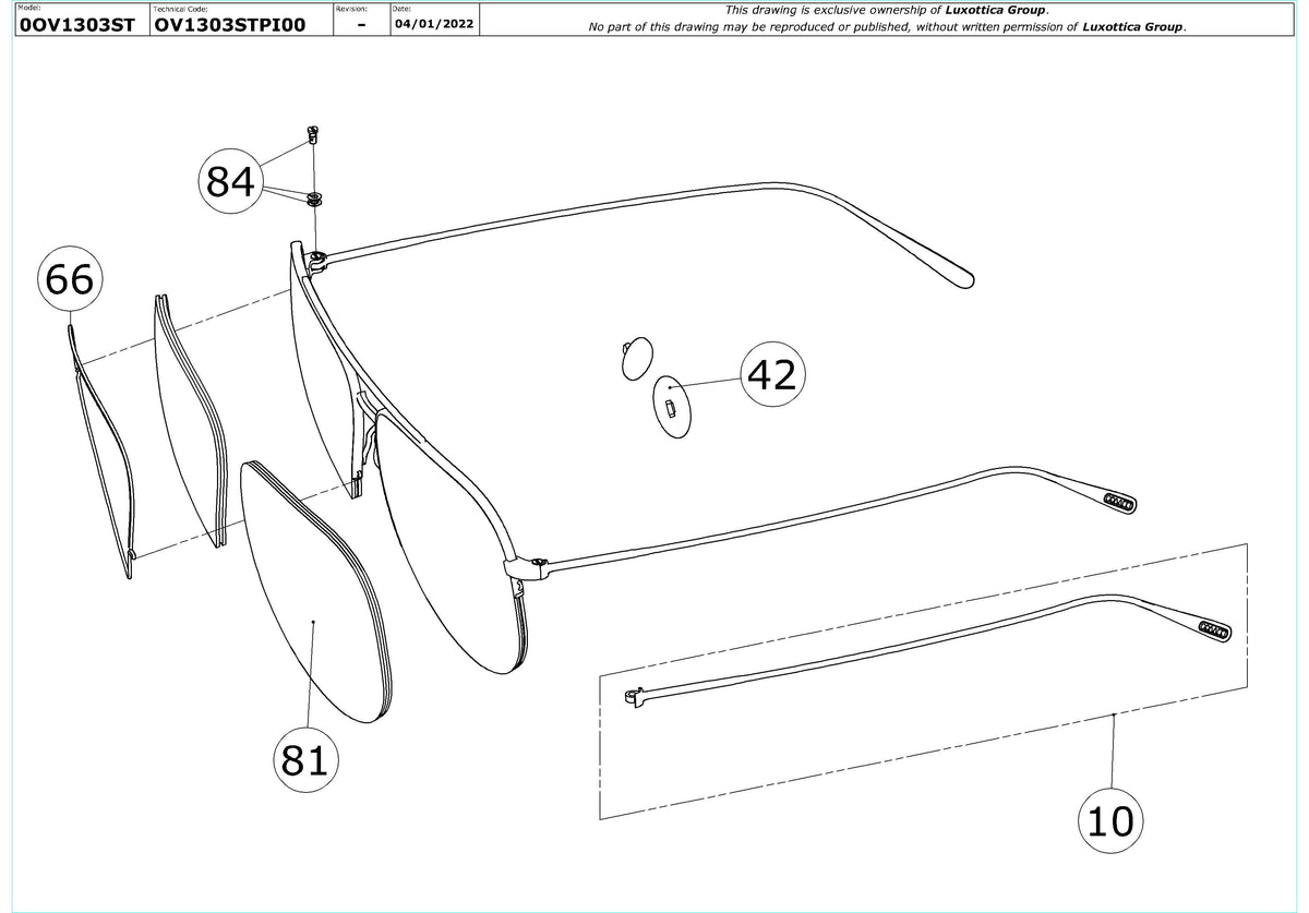 Enlarged technical drawing of the Oliver Peoples Cleamons OV1303ST Replacement Parts
