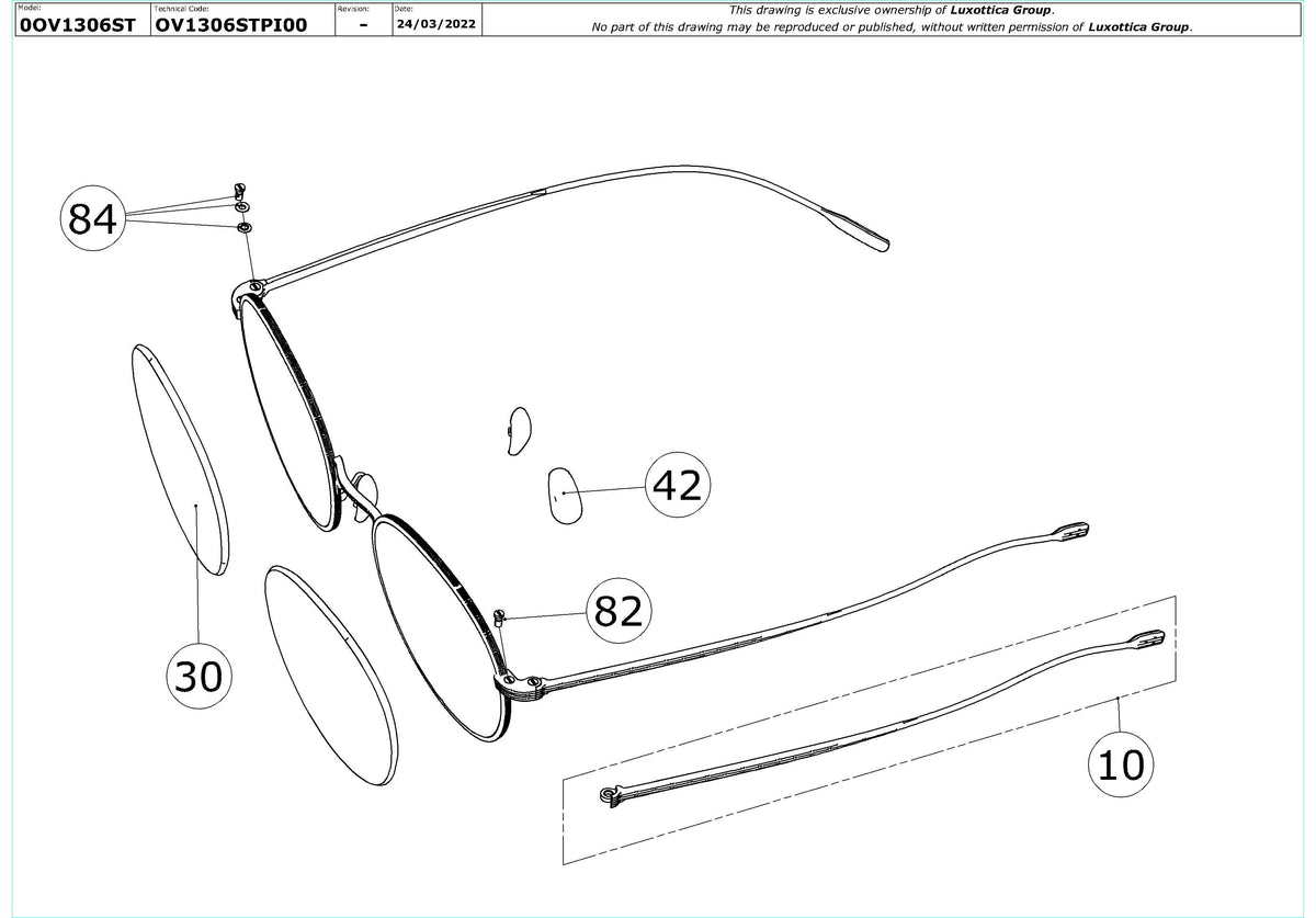 Exploded technical drawing of the Oliver Peoples Altair OV1306ST Replacement Parts, with each replacement part numbered