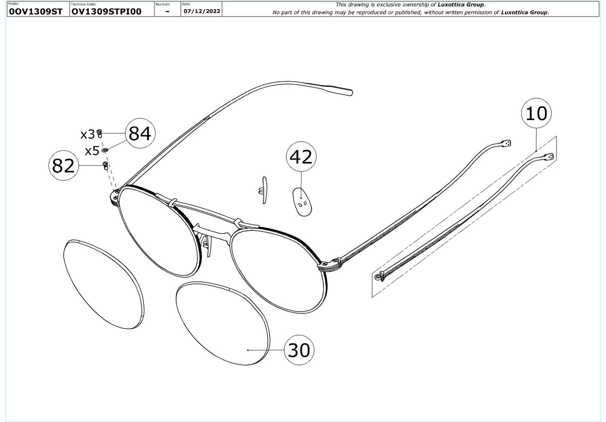 Enlarged technical drawing of the Oliver Peoples Reymont OV1309ST Replacement Parts