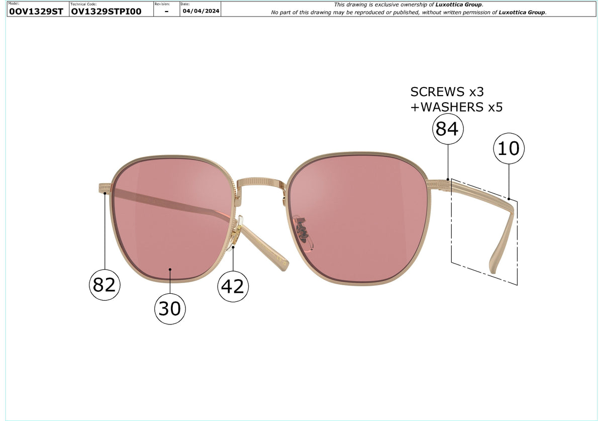 Exploded technical drawing of the Oliver Peoples Rynn OV1329ST Replacement Parts, with each replacement part numbered