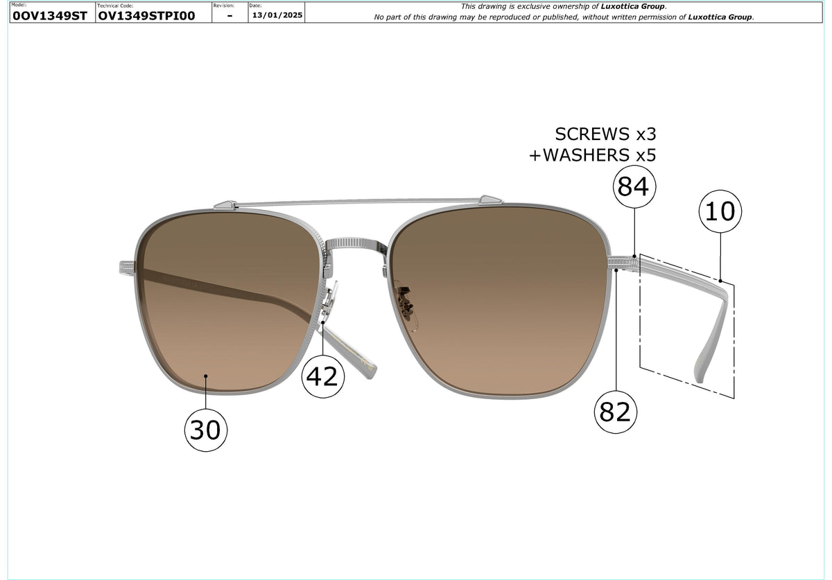 Exploded technical drawing of the Oliver Peoples Avison OV1349ST Replacement Parts, with each replacement part numbered