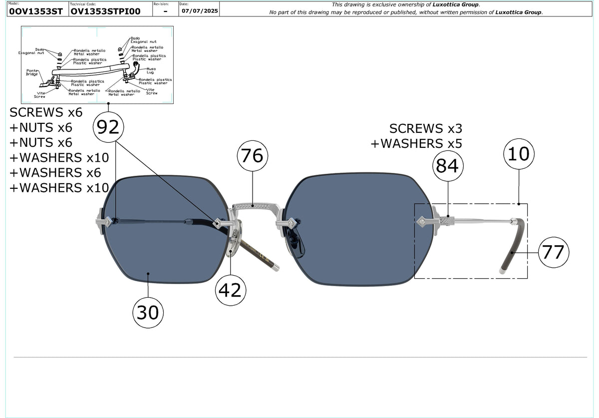 Exploded technical drawing of the Oliver Peoples TK-13 OV1353ST Replacement Parts, with each replacement part numbered