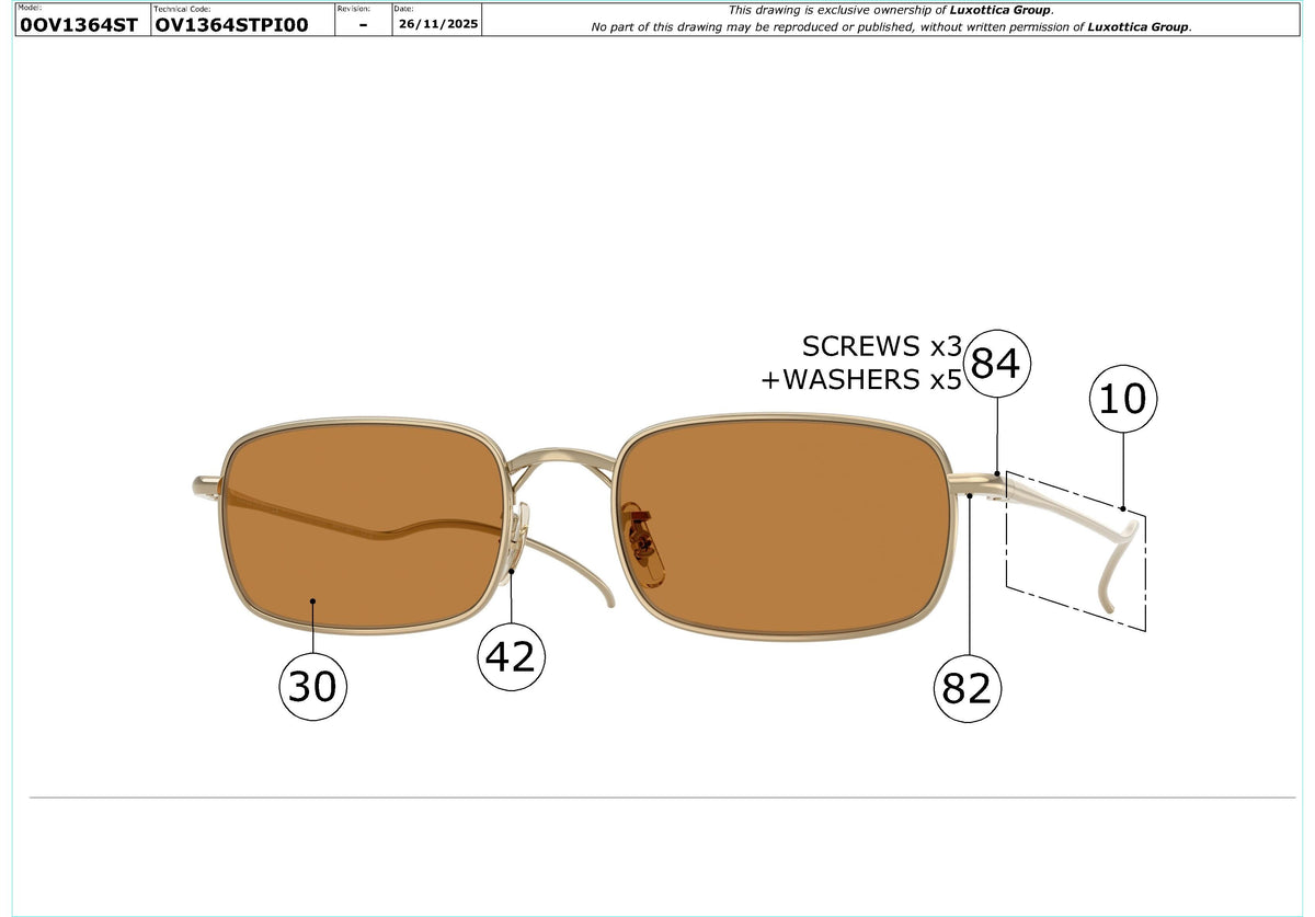 Exploded technical drawing of the Oliver Peoples TK-14 OV1364ST Replacement Parts, with each replacement part numbered