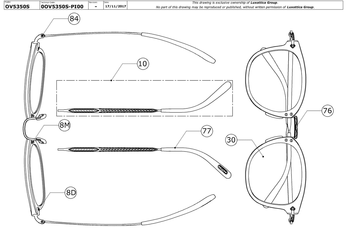 Enlarged technical drawing of the Oliver Peoples OP-506 Sun OV5350S Replacement Parts