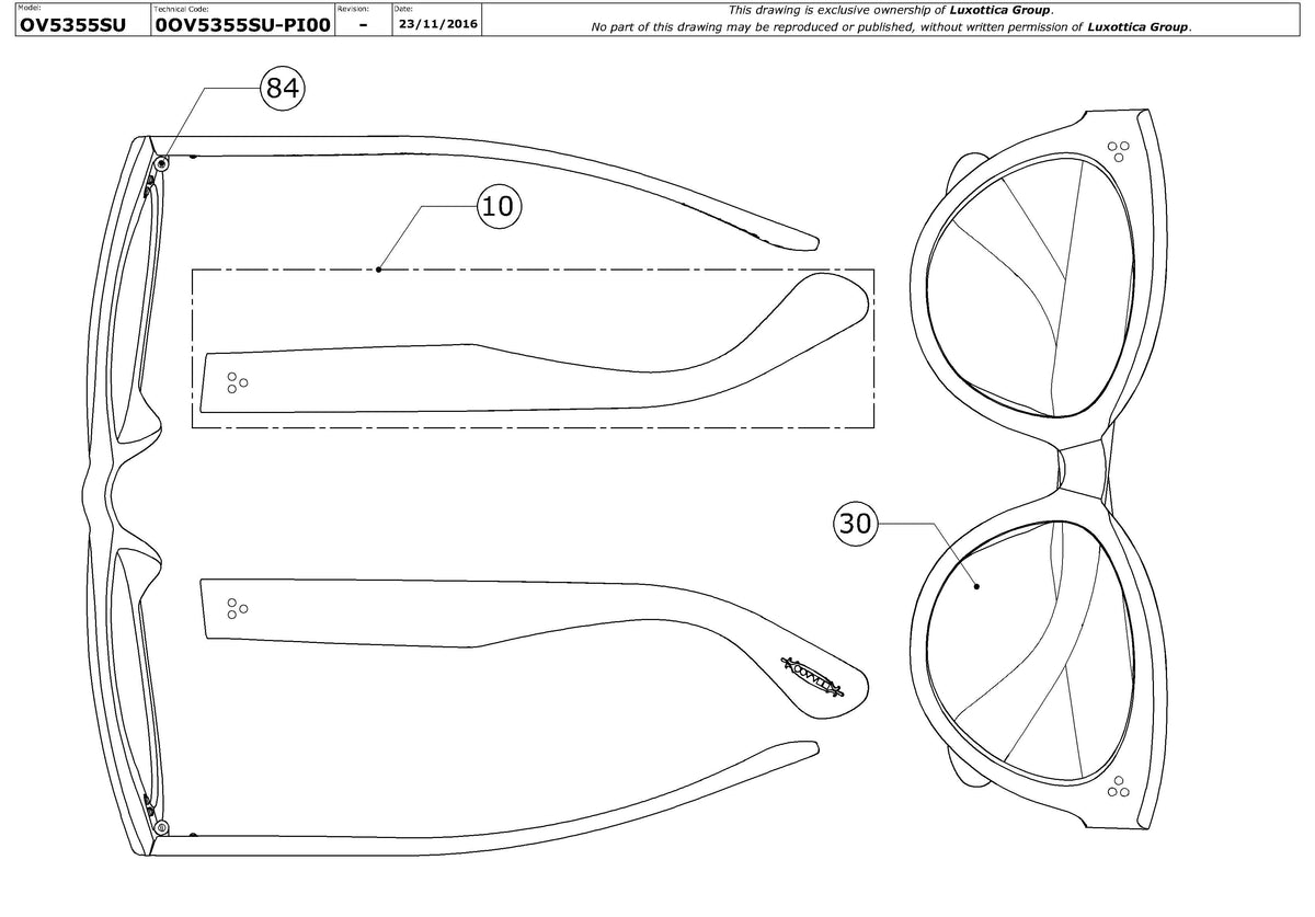 Exploded technical drawing of the Oliver Peoples Roella OV5355SU Replacement Parts, with each replacement part numbered