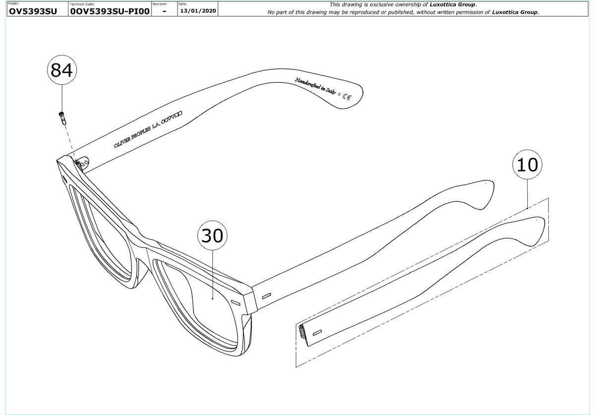 Exploded technical drawing of the Oliver Peoples Oliver Sun OV5393SU Replacement Parts, with each replacement part numbered