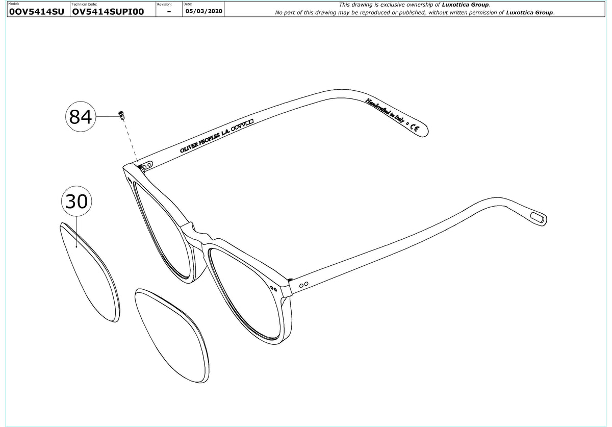Enlarged technical drawing of the Oliver Peoples Forman L.A. OV5414SU Replacement Parts