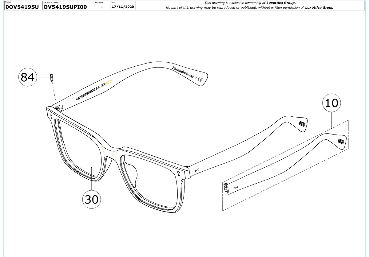 Enlarged technical drawing of the Oliver Peoples Lachman Sun OV5419SU Replacement Parts