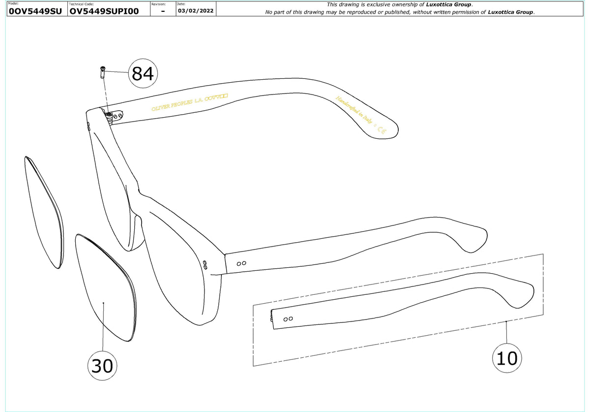 Exploded technical drawing of the Oliver Peoples Lynes Sun OV5449SU Replacement Parts, with each replacement part numbered