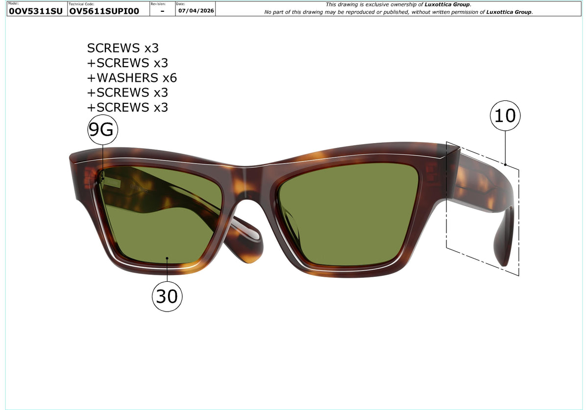 Exploded technical drawing of the Oliver Peoples Edition 3 OV5611SU Replacement Parts, with each replacement part numbered