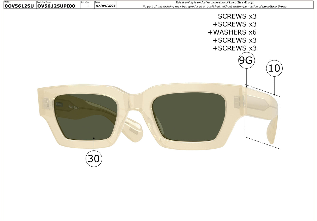 Exploded technical drawing of the Oliver Peoples Edition 6 OV5612SU Replacement Parts, with each replacement part numbered
