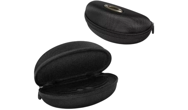 A black Oakley Soft Vault Case, opened to show the interior compartments for storing lenses and frames.