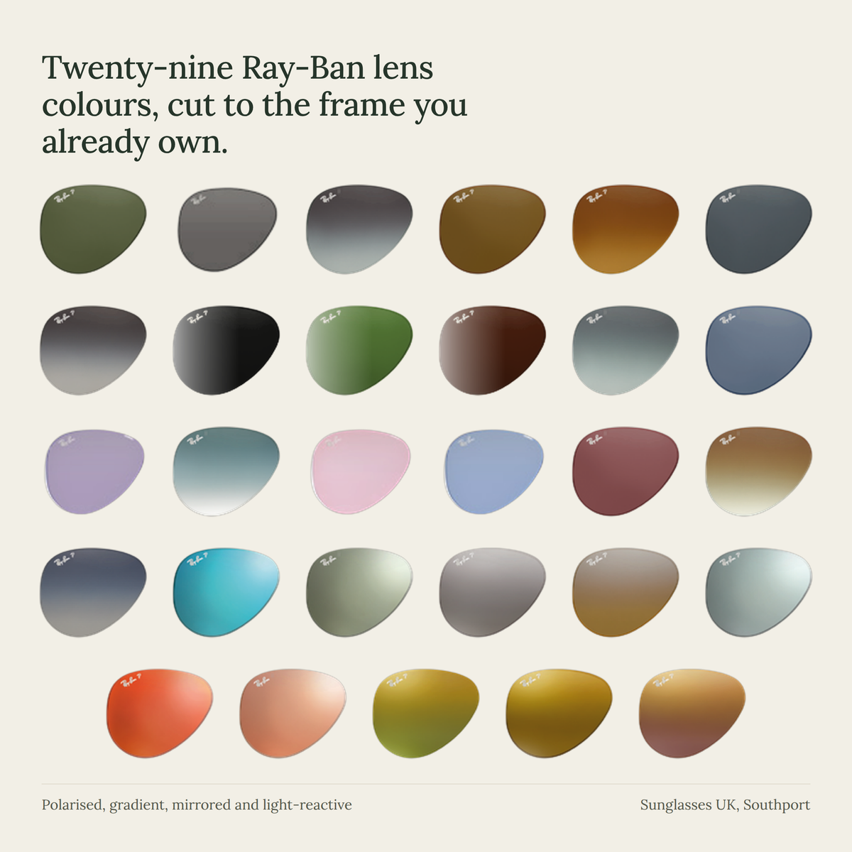 Twenty-nine Ray-Ban prescription lens colours, laid out in a grid