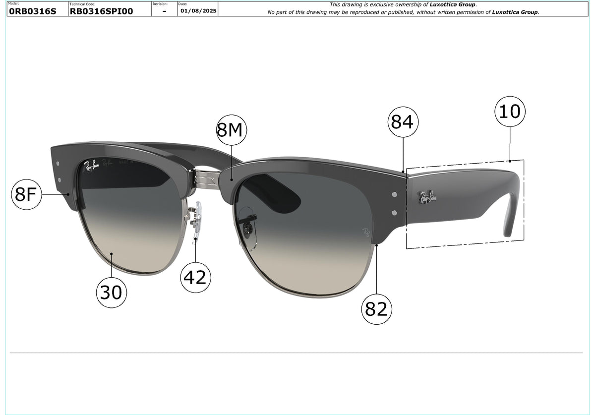 Enlarged technical drawing of the Ray-Ban Mega Clubmaster RB0316S Replacement Parts