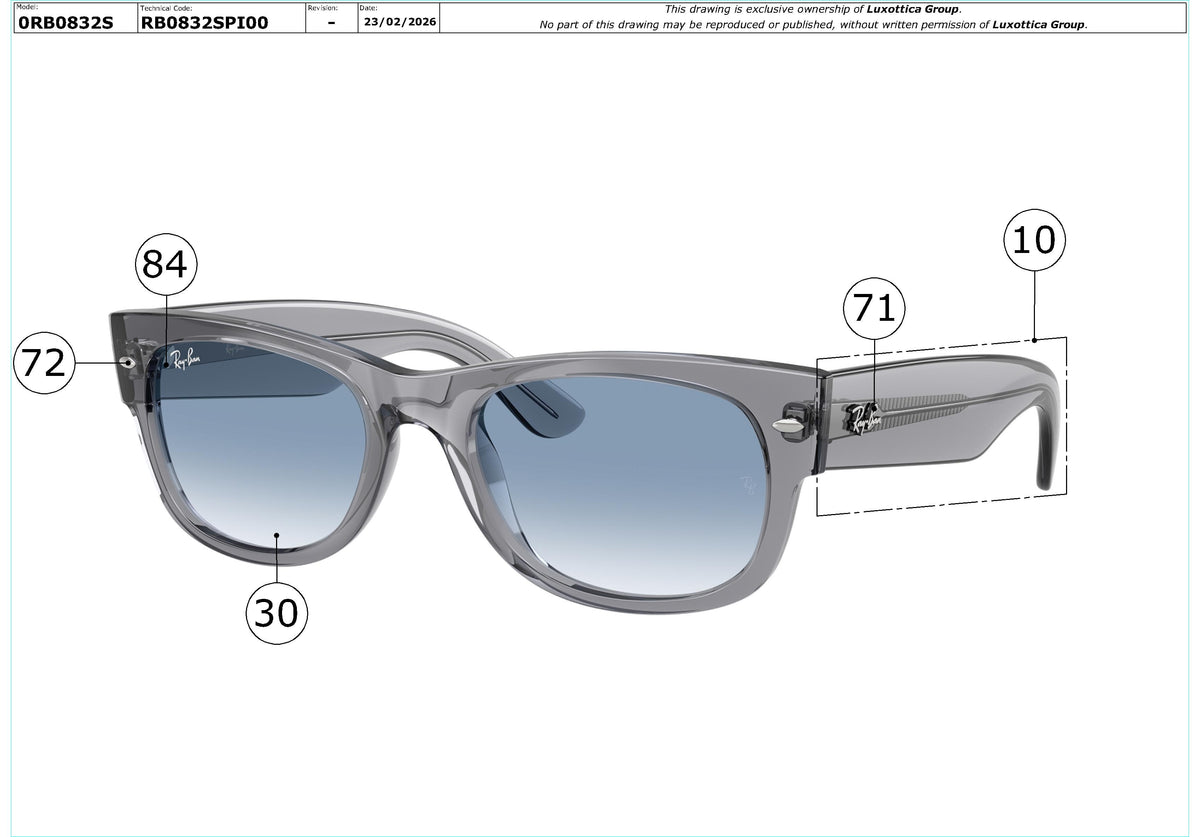 Exploded technical drawing of the Ray-Ban Mega Wayfarer II RB0832S Replacement Parts, with each replacement part numbered